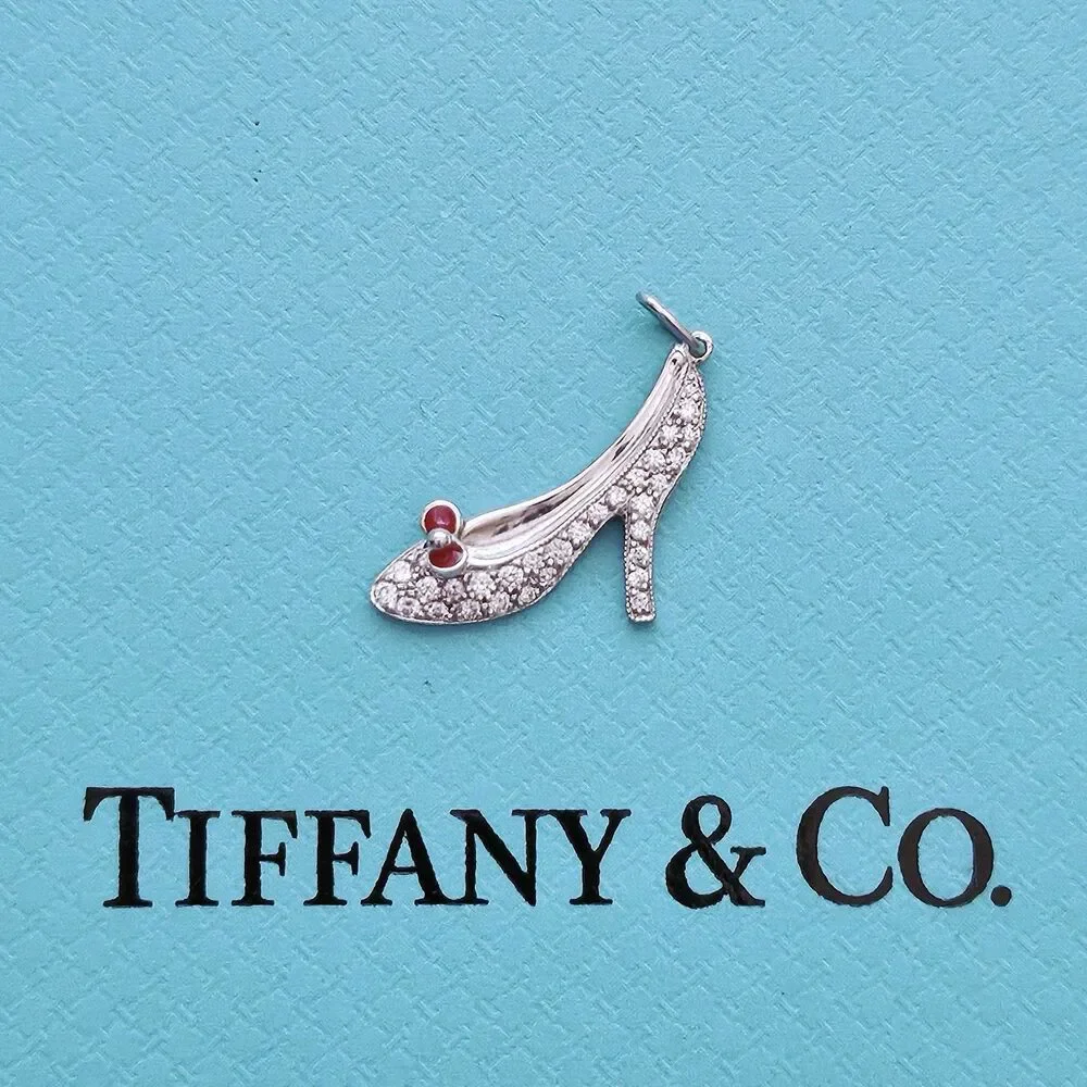 RARE Tiffany & Co. Red Enamel Bow Diamond High Heels Shoes PT950 Charm Pendant.